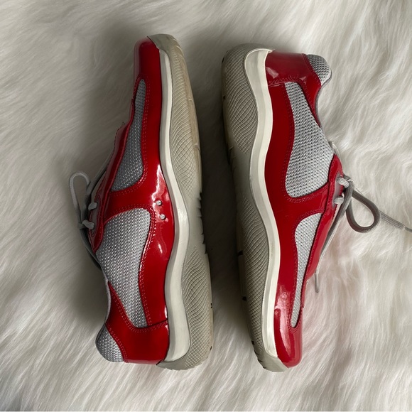 Prada America’s Cup Red Patent Leather & Silver Mesh Lace-Up Men’s Sneakers - Picture 7 of 16